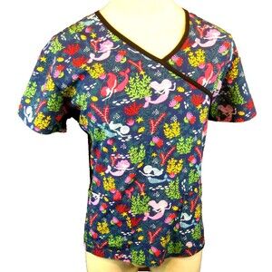 Womens Divine Stretch Blue SS Cotton/Spandex Medical Pullover Scrub Top sz XL